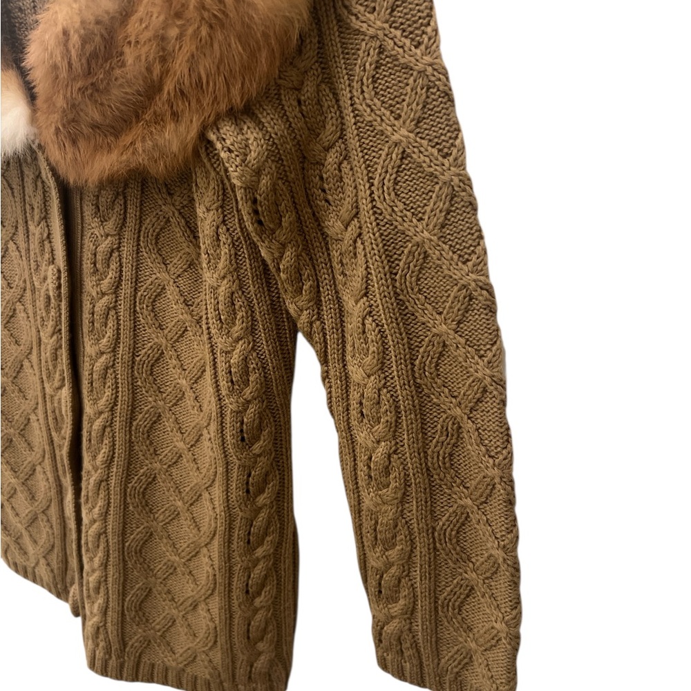 PowWow Wool Blend Cable Knit Cardigan w/Rabbit Fur Collar | M - Picture 8 of 16